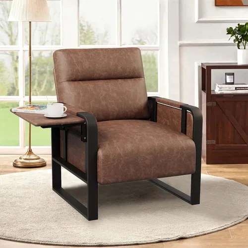 Miniatura 19 de Silla de Acento Moderna Tapizada en Cuero PU Sillón con Mesa de Bandeja para Dormitorio Sala de Estar Sillas Silla de Oficina Beige