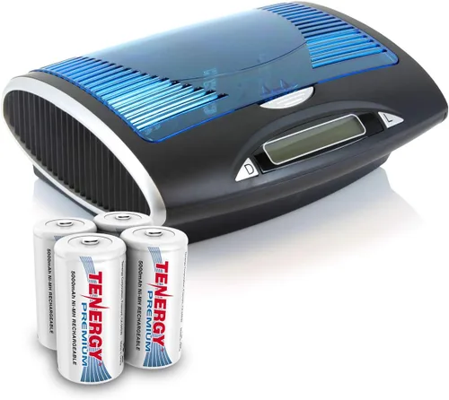 Tenergy Baterías C recargables prémium y cargador de batería inteligente LCD T9688 para baterías NIMH/NICD AA/AAA/C/D/9V, paquete de 4 celdas de