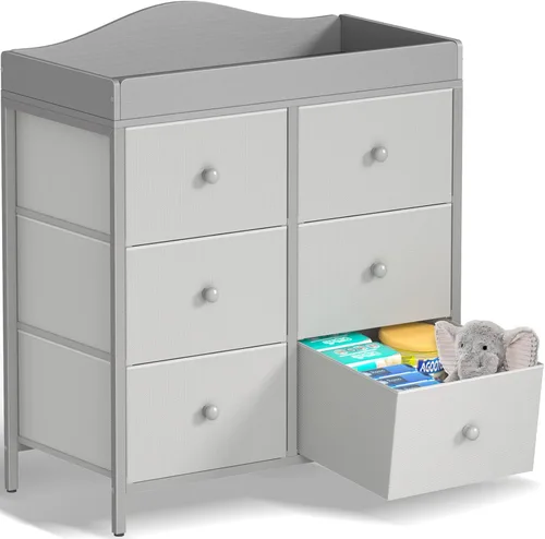 Miniatura 10 de BOLUO Cómoda Cambiador con 6 Cajones de Tela, Cómoda para Bebé con Superficie de Cambiador, Estación de Cambio de Pañales con Almacenamiento