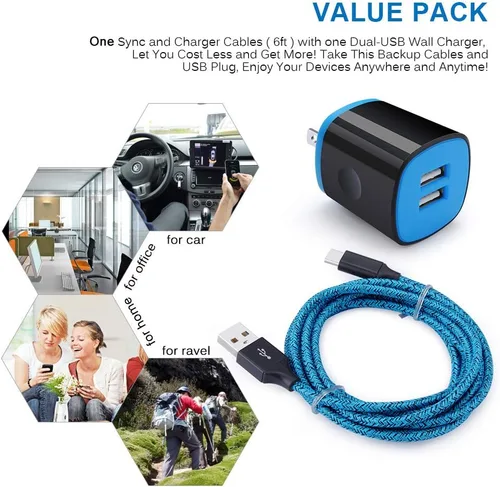 Miniatura 6 de Cargador USB tipo C para Moto G Pure/G Play 2026 2024/G Power 2026 2025 2024/G Stylus 5G 2025 2023/G 2025/G Fast/G7/G8/Z4, ANDHOT 2 puertos USB Azul