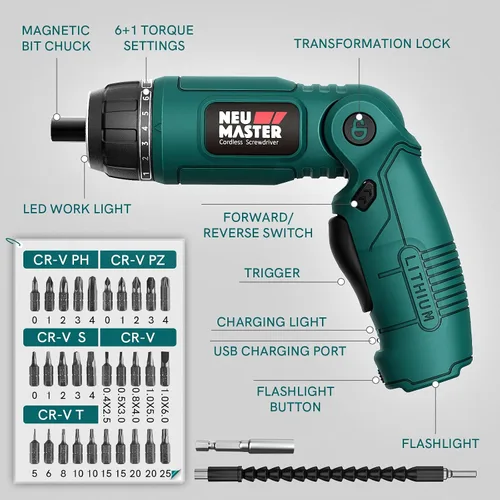 Miniatura 6 de NEU MASTER Destornillador inalámbrico, destornillador eléctrico de 4 V, destornillador eléctrico recargable con mango giratorio, luz LED delantera