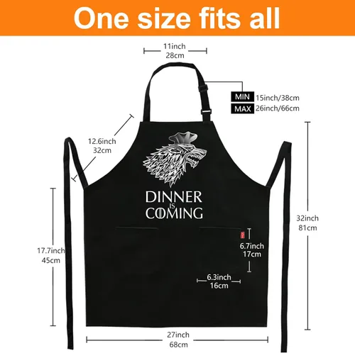 Miniatura 4 de Delantales de parrilla para hombres y mujeres, La cena se acerca Delantal de chef de cocina con 2 bolsillos y lazos de 40 pulgadas de largo, Black14