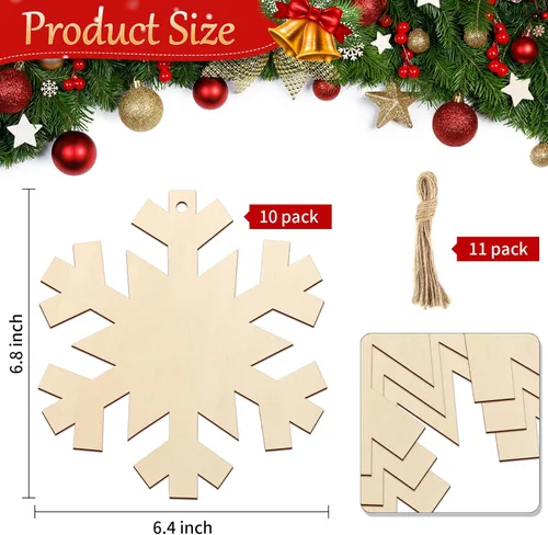 Miniatura 7 de Adornos de Navidad de Madera de Gran Tamaño de 7 Pulgadas para Pintar 10 PCS, Recortes de Copos de Nieve en Blanco DIY, Adorno de Madera Sin