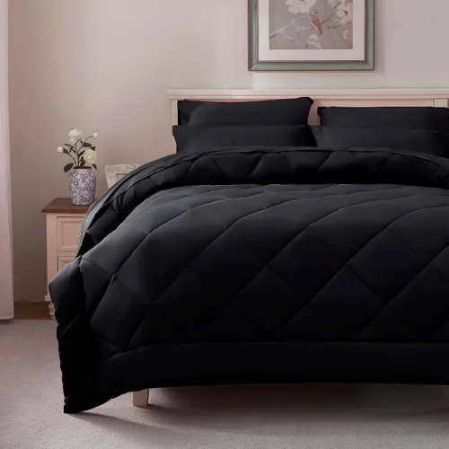 Miniatura 2 de ELNIDO QUEEN® Juego de edredón tamaño Queen negro - 7 piezas de ropa de cama en una bolsa, tamaño Queen, juego completo para todas las estaciones