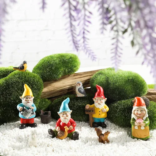 Miniatura 2 de Jetec Juego de 10 piezas de mini gnomos de hada, estatua de jardín, gnomos de resina en miniatura, pintados a mano, ardilla, erizo, búho, pájaro