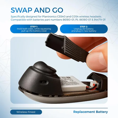 Miniatura 6 de Batería de repuesto para auriculares inalámbricos Plantronics CS540 C054 para 86180-01, PL-86180-01 y 84479-01, batería recargable de polímero