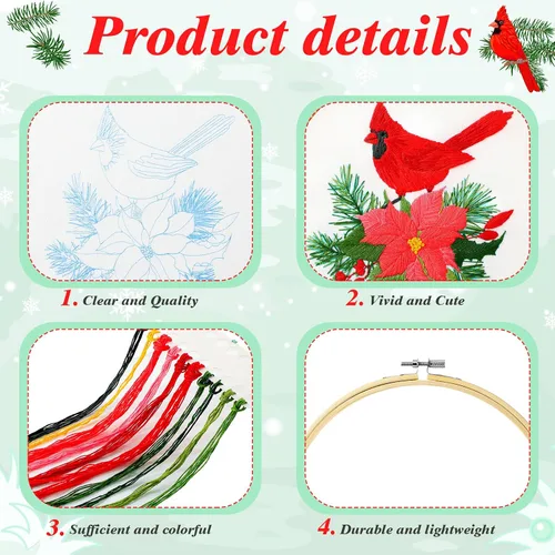 Miniatura 4 de Juego de 4 piezas de bordado navideño para principiantes, adultos, cardenal de punto de cruz, kit de punto de cruz con patrones e instrucciones
