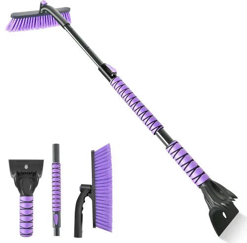 OUSHASAA Rascador de hielo y cepillo de nieve de 44 pulgadas para parabrisas de automóvil con extensible, pivotante de 360°, cabeza de cerdas Púrpura