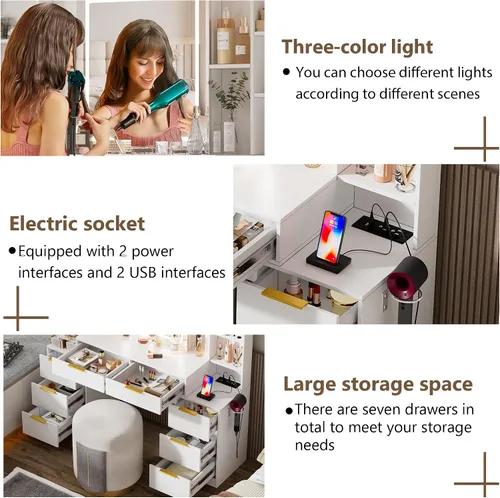 Miniatura 6 de FURNJOYLIFE Escritorio grande de maquillaje con espejo iluminado y toma de corriente, tocador con 3 modos de iluminación ajustable, cajones