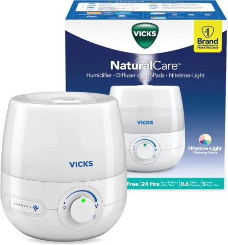 Vicks NaturalCare Humidificador ultrasónico de niebla fría (VUL530), blanco, habitación pequeña, humidificador y difusor con luz nocturna, funciona