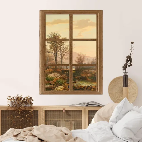 Miniatura 2 de SIGNWIN Adhesivo mural removible para pared, atardecer cielo naranja, otoño, bosque, árbol, paisaje, naturaleza, arte fino, rústico, paisaje