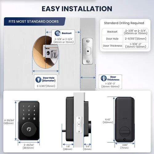 Miniatura 7 de Cerradura de puerta de entrada sin llave con teclado, cerradura inteligente biquole para puerta delantera con 2 llaves, cerrojo electrónico digital