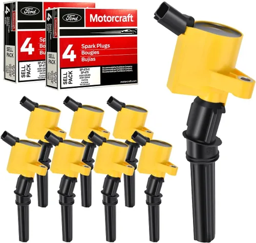 MAS Juego de 8 bobinas de encendido amarillas, botas curvadas DG508 y 8 bujías Motorcraft Platinum SP479 compatibles con Ford F150 F250 Super Duty
