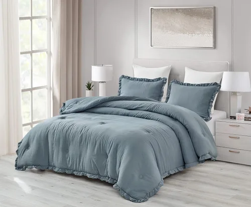 Miniatura 25 de Chezmoi Collection Nora - Juego de edredón negro tamaño King de 3 piezas, esponjoso, suave, lavado a la piedra, con volantes, ropa de cama Shabby