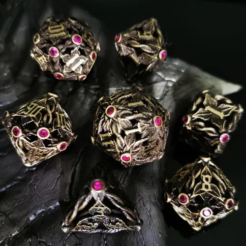 Miniatura 5 de Juego de dados de metal con hojas de vid mágicas huecas, juego de 7 dados para juegos de rol, dados de D&D Dungeons and Dragons