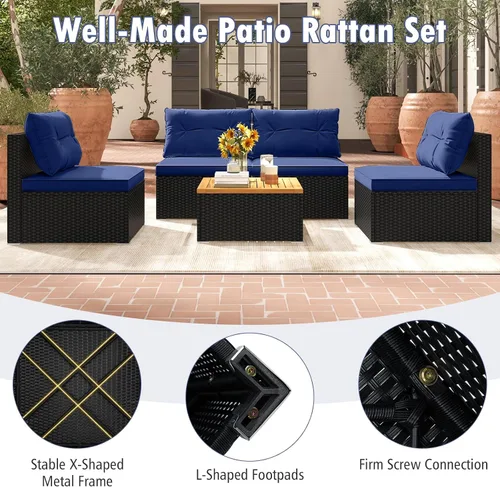 Miniatura 6 de Tangkula Juego de muebles de mimbre para patio, juego de sofá y mesa auxiliar de ratán sin brazos de 4 piezas, con cojines, mesa de madera de Negro