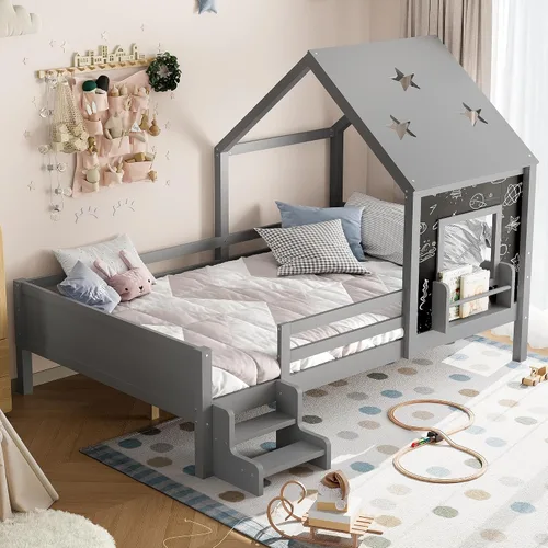 Marco de cama de tamaño matrimonial para niños con escaleras, bonito techo y ventana en forma de estrella para niños y niñas, cama de plataforma de