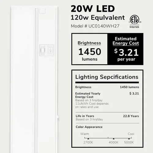 Miniatura 2 de LAGOM Luz Halo para debajo del gabinete, LED regulable con cableado de 40 pulgadas, 2700 K/4000 K/5000 K, cable de alimentación se vende por Blanco