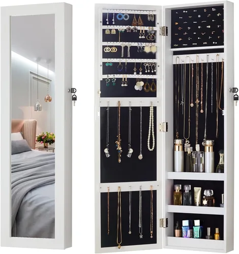 YOKUKINA Armario con espejo de joyería, montaje en paredsobre la puerta, organizador de joyas con espejo de longitud completa, almacenamiento con