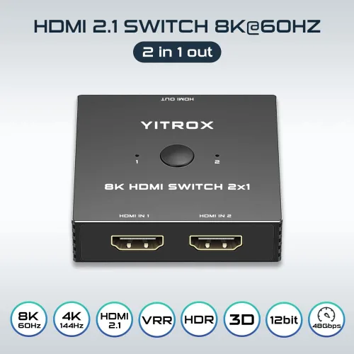 Miniatura 2 de Interruptor HDMI 2 en 1 salida 4K 120Hz, 4K 144Hz, 8K 60Hz, conmutador HDMI 2.1 2 en 1 salida, carcasa de aluminio, compatible con PS4/PS5, Xbox