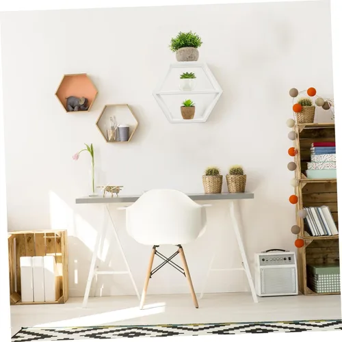 Miniatura 2 de IMIKEYA Estante de madera montado en la pared pequeño organizador de mesita de noche almacenamiento maceta soporte diseño hexagonal 1pc