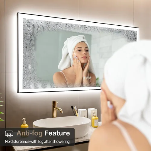 Miniatura 5 de Espejo de baño LED de 60x36 pulgadas con marco negro, espejos de baño retroiluminados y con luz frontal para pared, antiempañamiento, regulable
