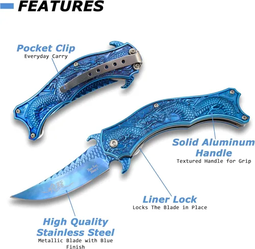 Miniatura 2 de Cuchillo asistido por resorte Dark Side Ballistics, DS-A019BL-MC, acero inoxidable 3CR13, recubierto de TiNite azul, tema de dragón, clip