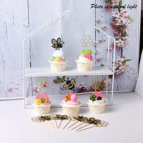 Miniatura 7 de 36 piezas de palillos decorativos para cupcakes de abejorros con corazones de purpurina y panal de abeja, decoraciones de pastel para baby shower