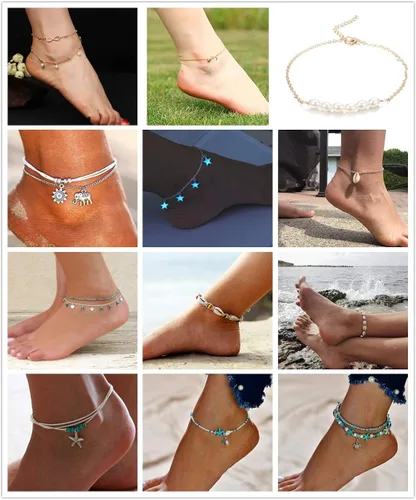 Miniatura 2 de Finrezio 8-12PCS Anklets for Women Girls Adjustable Boho Turtle Starfish Beach Ankle Bracelets Foot Jewelry Set Handmade