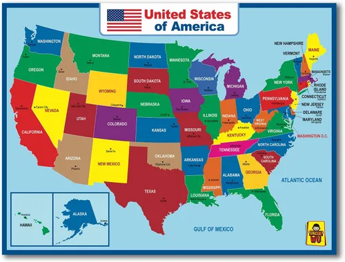 Póster laminado del mapa de los Estados Unidos - Póster educativo doble cara para niños/adultos - Mapa impermeable de 17 x 23 pulgadas para el hogar