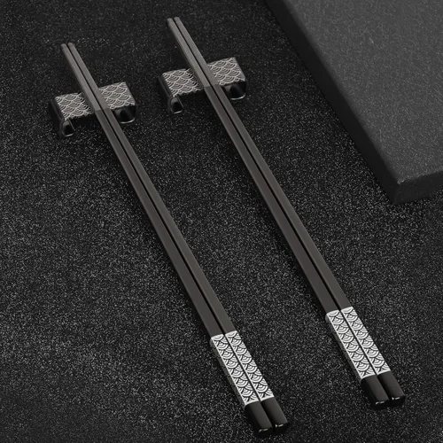 Miniatura 5 de Palillos de Metal Reutilizables 2 Pares de Palillos de Acero Inoxidable 18/8 Chapados en Titanio con Soporte, Aptos para Lavavajillas, Ligeros, Negro