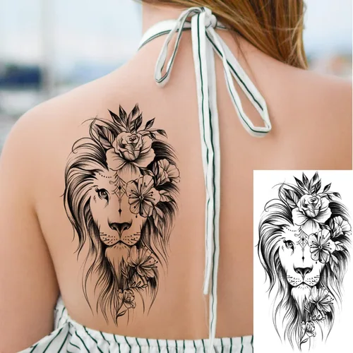 Miniatura 4 de 10 hojas de tatuajes temporales realistas de flores de rosas para mujeres, muslos de brazo, gran sexy, serpiente, león, mariposa, tatuajes falsos