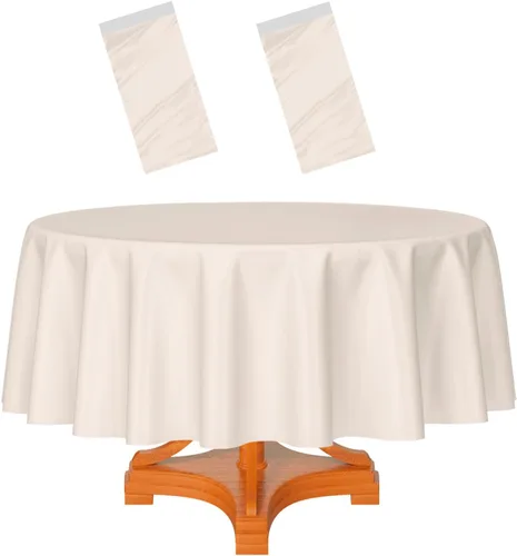 Miniatura 28 de HEIPINIUYE - Paquete de 2 manteles redondos de 84 pulgadas de plástico beige, manteles de mesa impermeables desechables para redondas, ideales