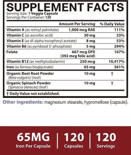 Miniatura 5 de Suplemento de hierro para mujeres y hombres, 65 mg de quelato de bisglicinato ferroso, hierro de liberación lenta con vitaminas A, C, E, B6, B12