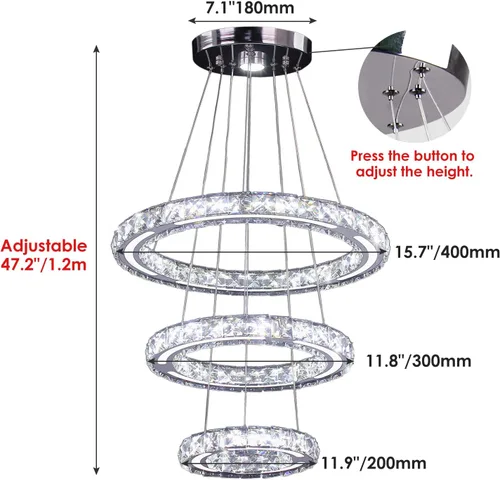 Miniatura 6 de Candelabros de cristal modernos para bricolaje, 3 anillos, lámpara colgante LED regulable para cocina, comedor, sala de estar, dormitorio, base