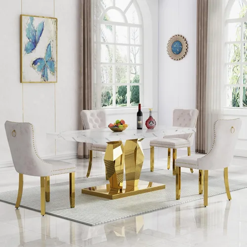 Miniatura 27 de Moderno juego de mesa de comedor de mármol sintético de 68.11 pulgadas para 6, mesa de comedor de mármol blanco y plateado con 6 sillas de Blanco