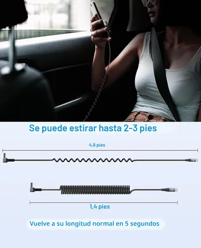 Miniatura 9 de Cable USB A a USB C de 90 grados, paquete de 2 cables USB tipo C en espiral de 3 pies para automóvil, cable de carga rápida USB-C compatible