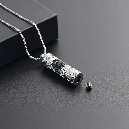 Miniatura 43 de Collar de urna de girasol para cenizas, collar de barra cilíndrica para cenizas para mujer, colgante de recuerdo para cenizas, joyería de cremación