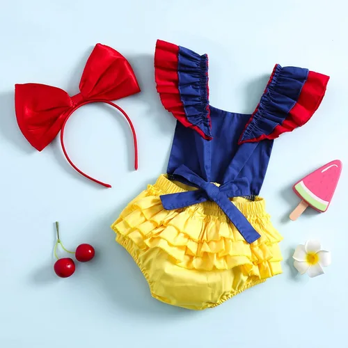 Miniatura 3 de Gaono Mameluco de princesa para recién nacido, con cuentos de hadas, para cumpleaños, con volantes, sin mangas, con lazo y diadema