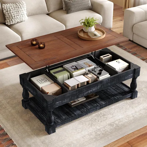 Miniatura 25 de 31.52" Square Lift Top Coffee Table with Storage, Natural Rattan & Hemp Rope, Adjustable Function, Vintage Farmhouse Center Table for Living Room