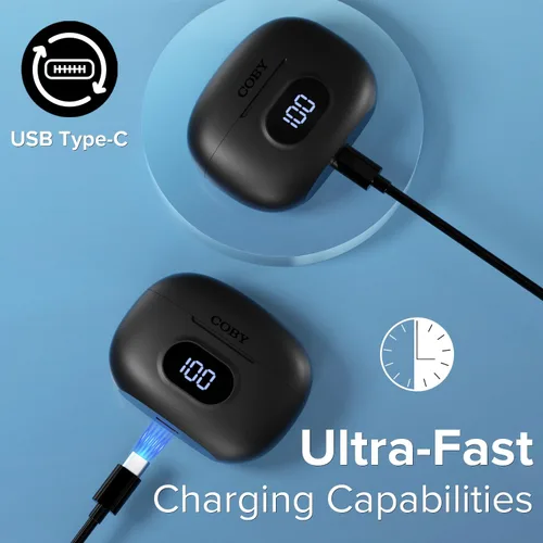 Miniatura 4 de Coby Auriculares inalámbricos con estuche de carga de lectura de batería LCD, mini auriculares intrauditivos Bluetooth con micrófono integrado, Negro
