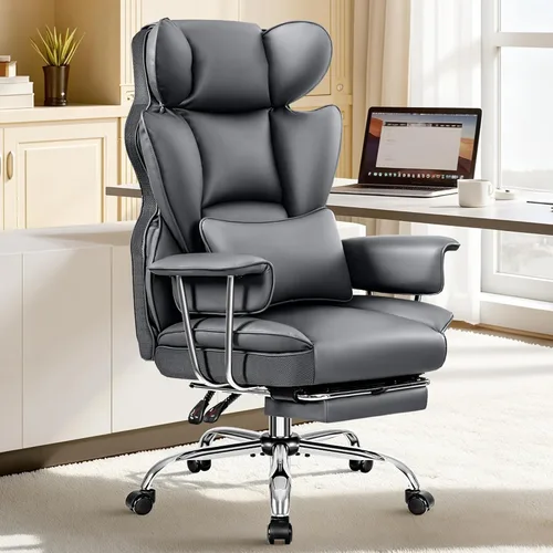 ALLGOD Silla de oficina cómoda, silla ejecutiva grande y alta, silla ancha ergonómica de respaldo alto con reposapiés, silla de escritorio Gris
