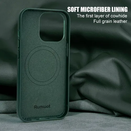 Miniatura 3 de Funda de cuero genuino para iPhone 13 Pro, cuero de grano completo, compatible con MagSafe y carga inalámbrica, bisel de la cámara con botones Verde