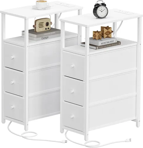 Miniatura 9 de TUTOTAK - Mesa auxiliar pequeña y estrecha con estación de carga; mesa de lado con tomas de corriente; mesita de noche con 2 cajones de tela; mesa