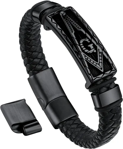 Bandmax Pulsera trenzada de cuero negro para hombre con colgante gótico punk, pulsera de cuero con hebilla de acero inoxidable, paquete de regalo,