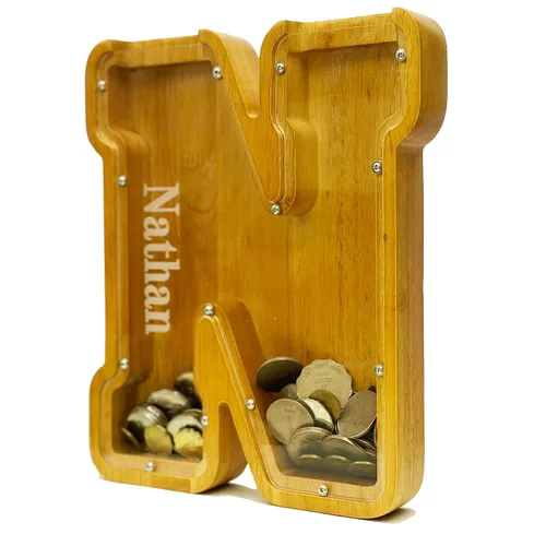 Miniatura 32 de Alcancia personalizada grande de madera con letras, alcancía para monedas, alcancía personalizada con nombre, puede ser utilizada como regalo de J