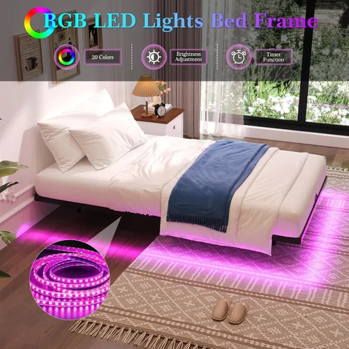 Miniatura 3 de Awesofurni Base de Cama Flotante de Tamaño Individual, Base de Cama Individual con Luces LED Inteligentes, Base de Cama Moderna de Metal Resistente