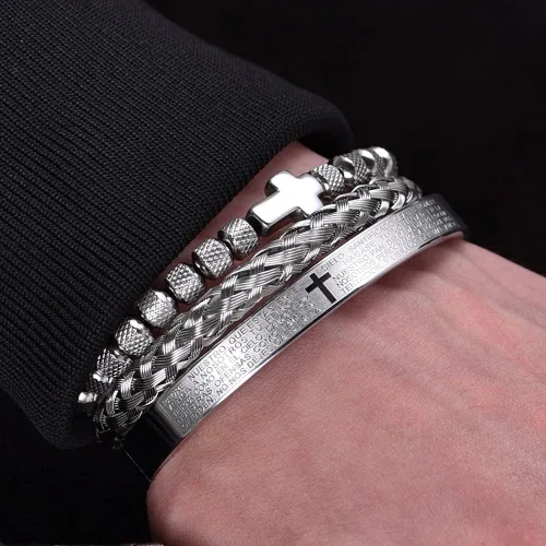 Juego de pulseras de acero inoxidable Hip Hop para hombre joyería de cruz con dije abierto talla de la Escritura española JX5EU cruz plateada juego A