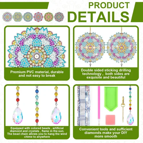 Miniatura 3 de Yeaqee 6 piezas de pintura de diamante, diseño de mandala, campanillas de viento de doble cara, manualidades de pintura para adultos, ventana