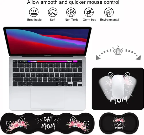 Miniatura 3 de Juego de reposamuñecas ergonómico para teclado y alfombrilla para mouse con posavasos [4 piezas], base de goma antideslizante para el hogar, Gato